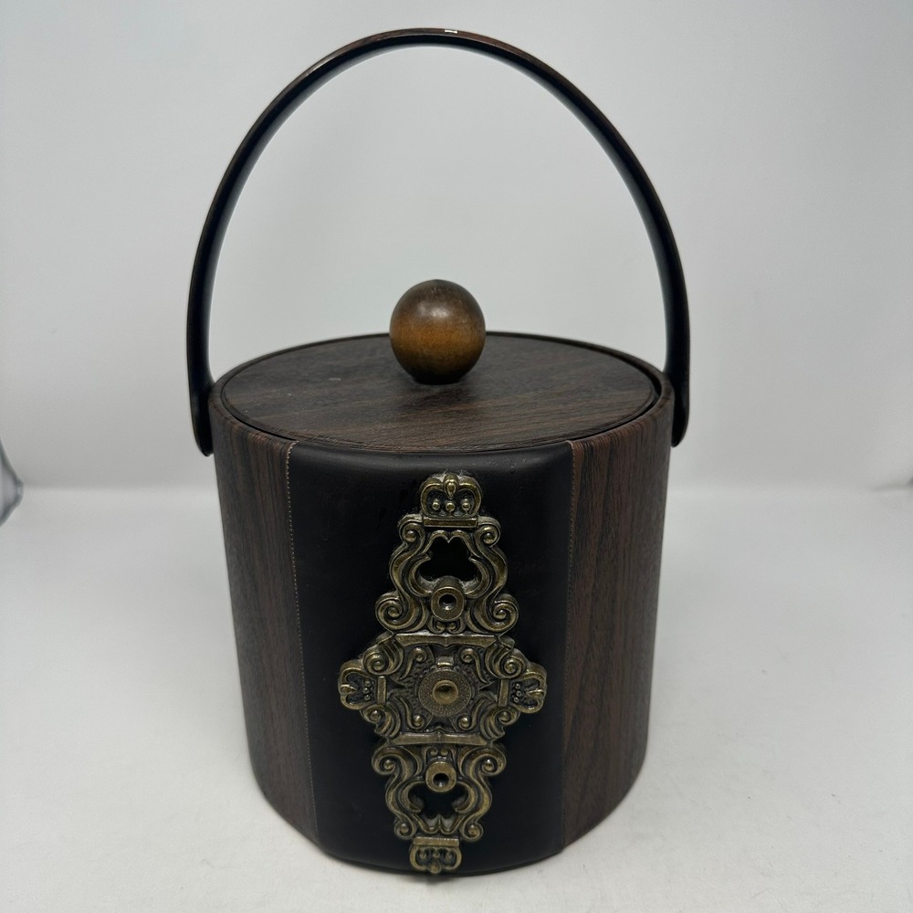 Elmar Mfg Ice Bucket Brown Faux Wood Gothic Ornate Crest Barware MCM